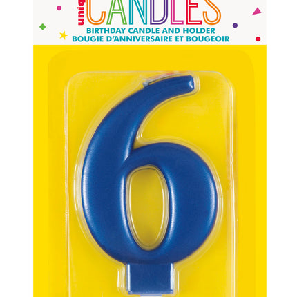 Bougie d'anniversaire numéro 6 bleu métallisé