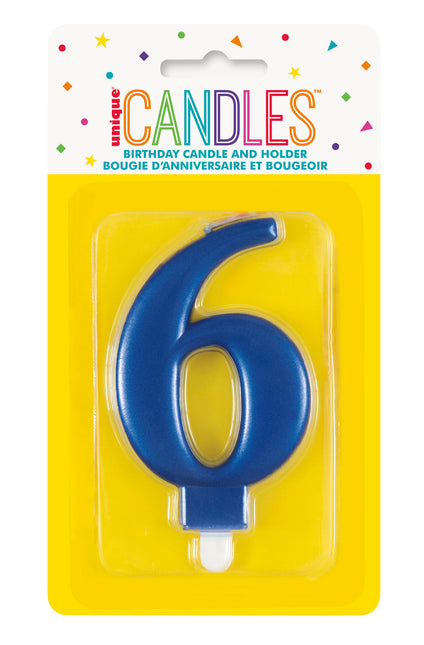 Bougie d'anniversaire numéro 6 bleu métallisé