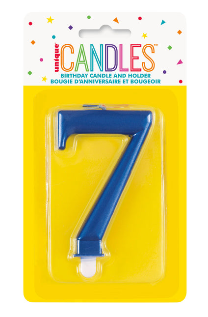 Bougie d'anniversaire numéro 7 bleu métallisé