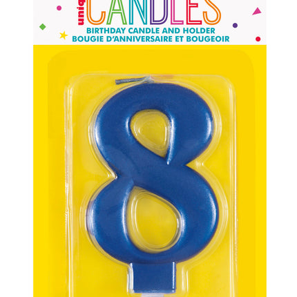 Bougie d'anniversaire numéro 8 bleu métallisé