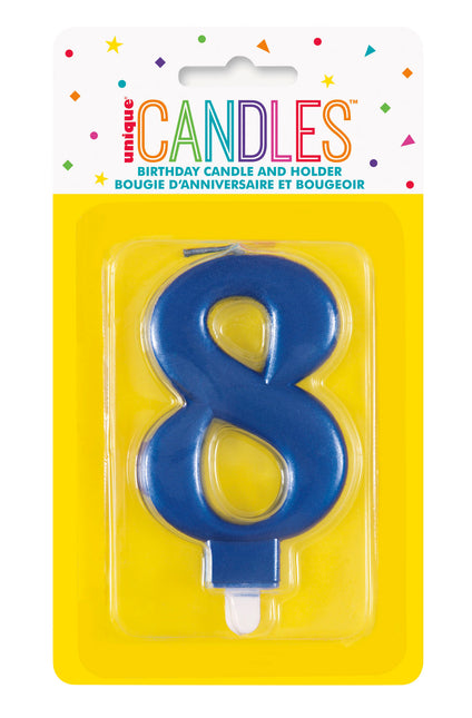 Bougie d'anniversaire numéro 8 bleu métallisé
