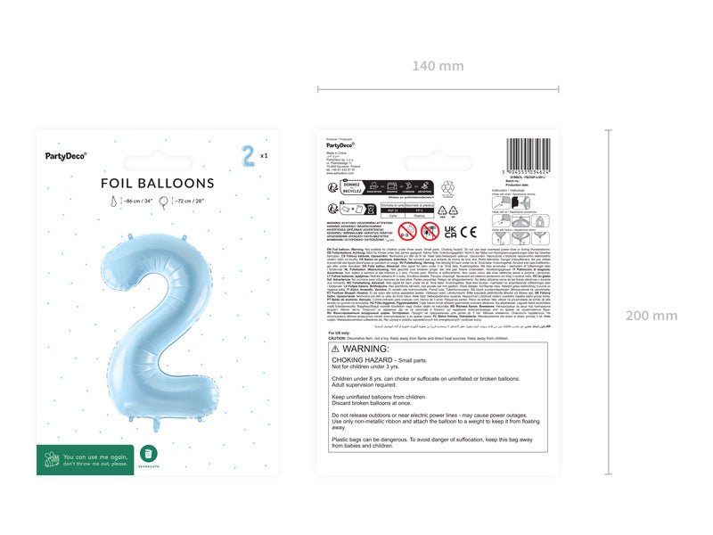 2 Jaar Cijfer Ballon Lichtblauw Leeg 72cm van Partydeco koop je bij Partywinkel