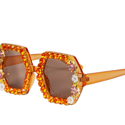 Lunettes orange Fleurs en strass