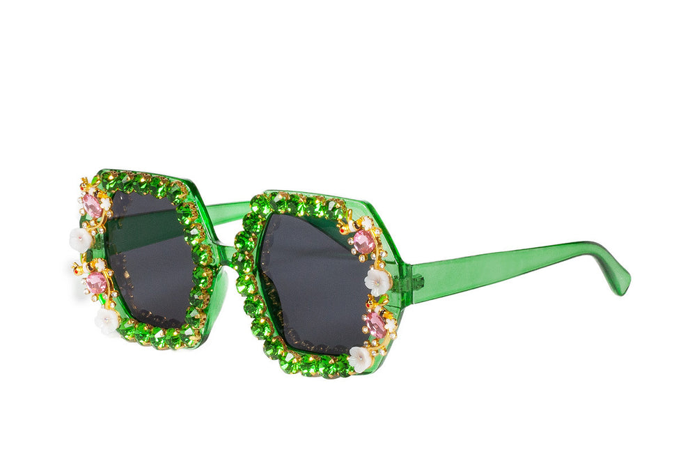 Lunettes vertes fleurs en strass