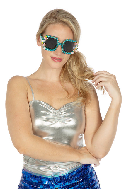 Lunettes bleues fleurs en strass