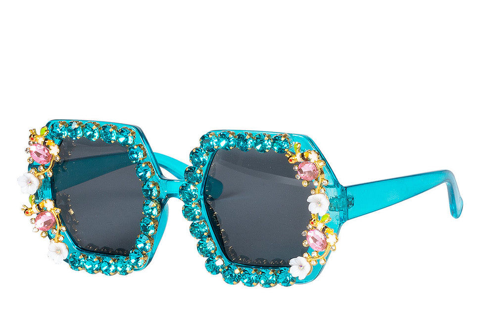 Lunettes bleues fleurs en strass