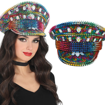 Casquette de police arc-en-ciel avec clous