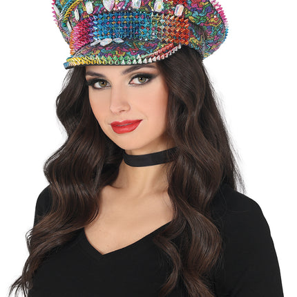 Casquette de police arc-en-ciel avec clous