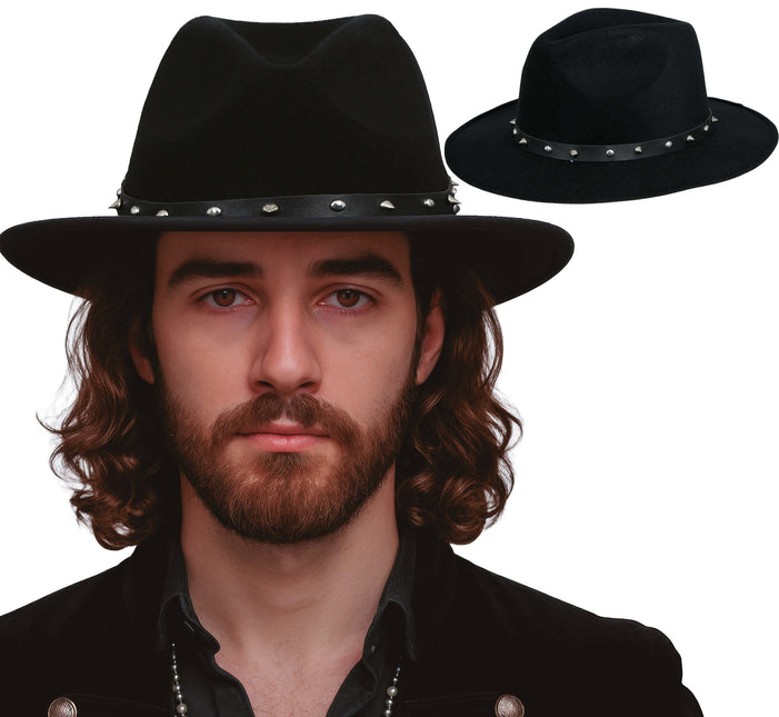 Chapeau de cow-boy en feutre noir avec des clous, pour les adultes