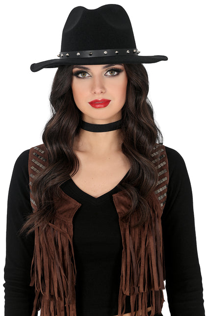 Chapeau de cow-boy en feutre noir avec des clous, pour les adultes