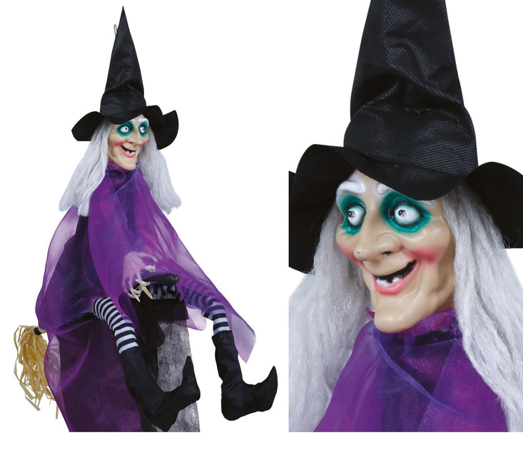 Décoration suspendue d'Halloween Sorcière avec son et lumière 90cm