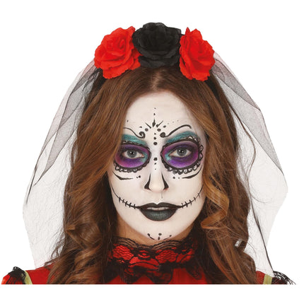 Halloween Tiara Veil And Flowers Red