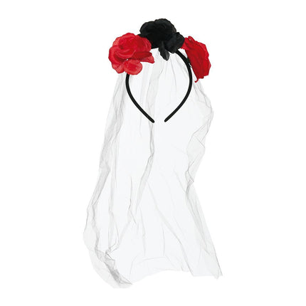 Halloween Tiara Veil And Flowers Red