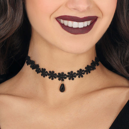 Collier noir fleurs