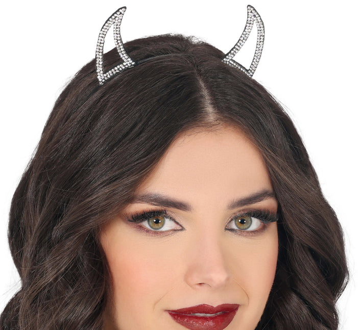 Bandeau d'Halloween Diable argenté avec strass