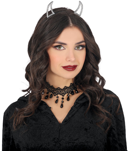 Bandeau d'Halloween Diable argenté avec strass