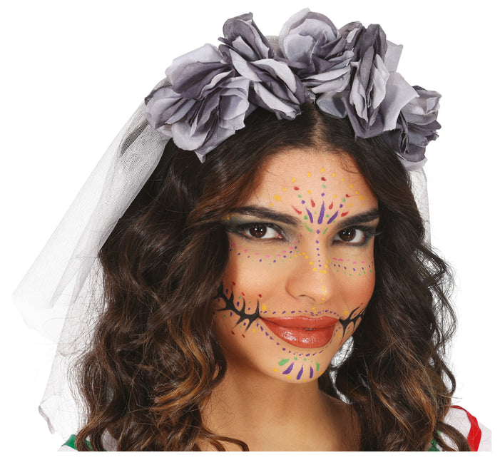 Bandeau d'Halloween Voile gris et fleurs