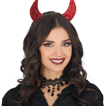 Bandeau d'Halloween oreilles de diable rouge avec paillettes