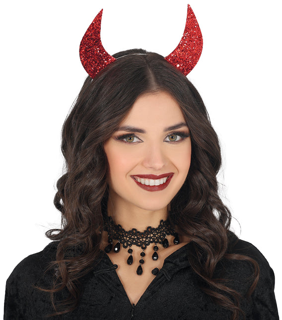 Bandeau d'Halloween oreilles de diable rouge avec paillettes