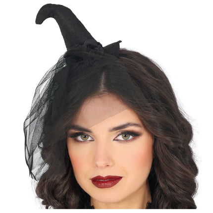 Bandeau noir Mini chapeau de sorcière avec voile