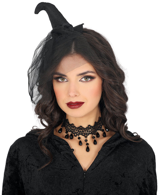 Bandeau noir Mini chapeau de sorcière avec voile