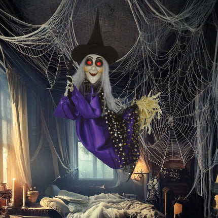 Poupée sorcière d'Halloween avec lumière, son et mouvement 75cm