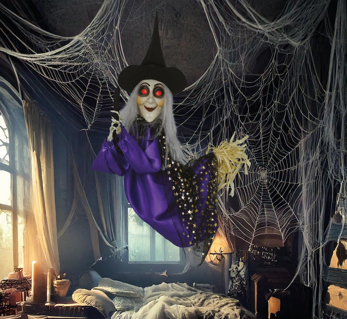 Poupée sorcière d'Halloween avec lumière, son et mouvement 75cm