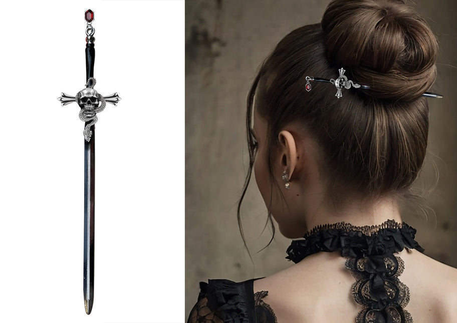 Épingles à cheveux d'Halloween Épée noire et argentée 19 cm