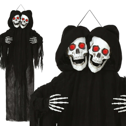 Halloween Poupée Squelette Noir Deux Crânes Avec Lumière Et Son 1.7m