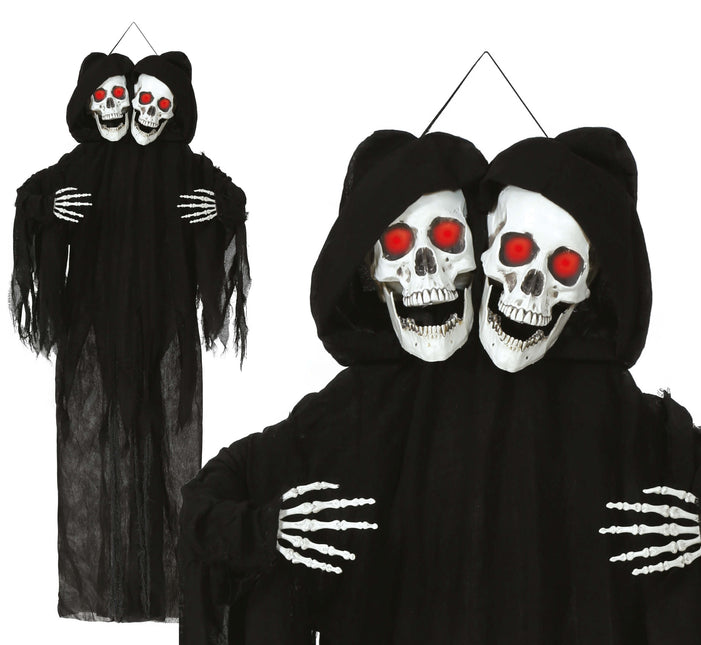 Halloween Poupée Squelette Noir Deux Crânes Avec Lumière Et Son 1.7m