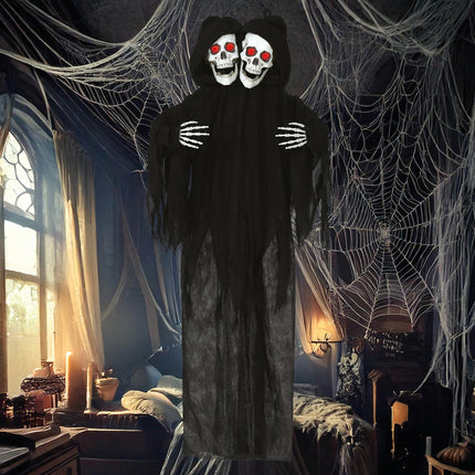 Halloween Poupée Squelette Noir Deux Crânes Avec Lumière Et Son 1.7m