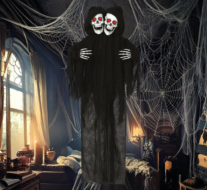 Halloween Poupée Squelette Noir Deux Crânes Avec Lumière Et Son 1.7m