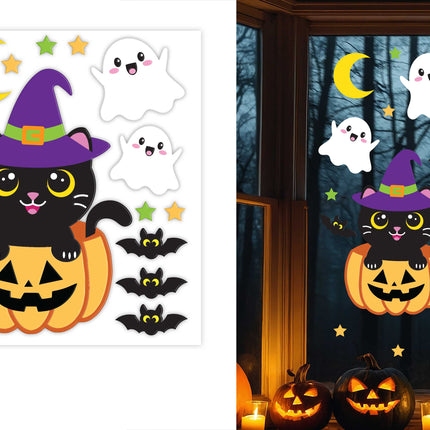 Décoration de fenêtre pour Halloween : chat avec citrouille, 50 cm