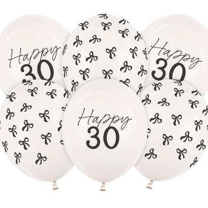 30 Jaar Ballonnen Zwart Wit Strik 30cm 6st van Partydeco koop je bij Partywinkel
