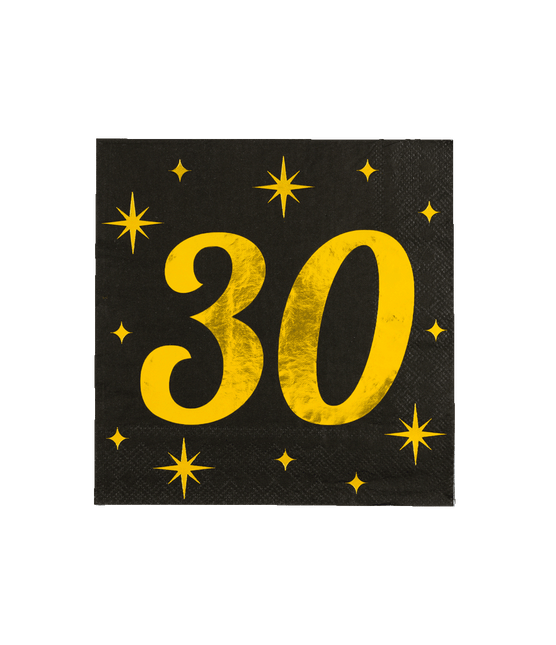 30 Jaar Servetten Zwart Goud 19cm 16st - Partywinkel - 8716764238086