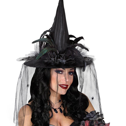 CHAPEAU DE SORCIÈRE AVEC TULLE, FLEURS ET PLUMES