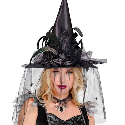 CHAPEAU DE SORCIÈRE AVEC TULLE, FLEURS ET PLUMES
