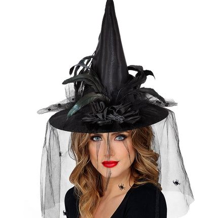 CHAPEAU DE SORCIÈRE AVEC TULLE, FLEURS ET PLUMES