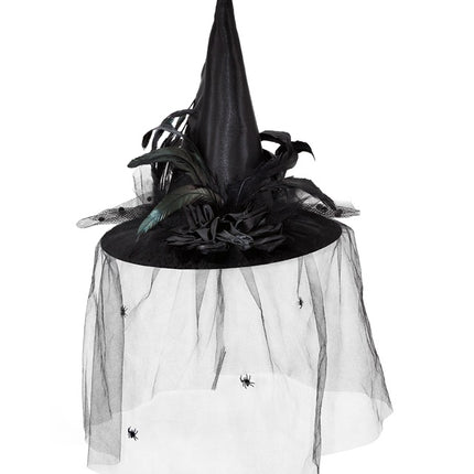 CHAPEAU DE SORCIÈRE AVEC TULLE, FLEURS ET PLUMES