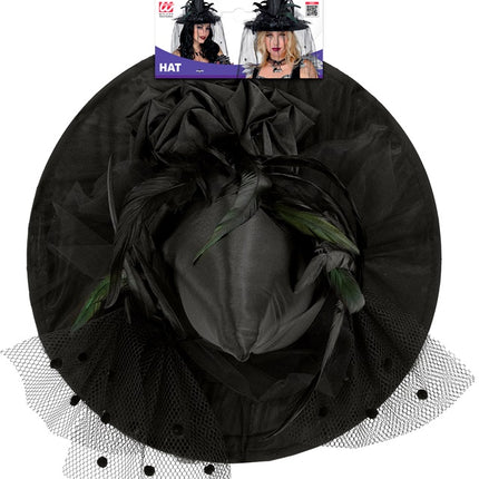 CHAPEAU DE SORCIÈRE AVEC TULLE, FLEURS ET PLUMES