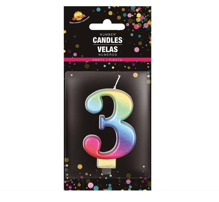 Bougie arc-en-ciel 3 ans métallique 8cm