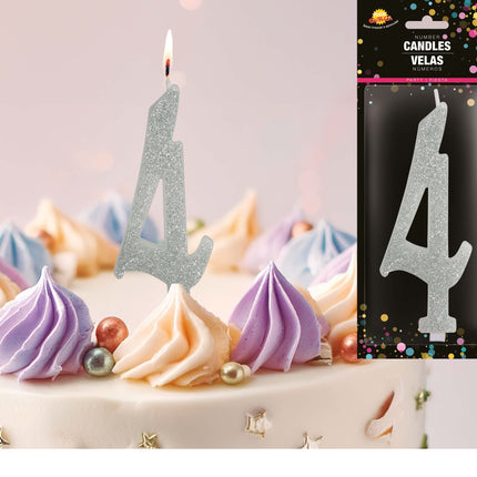 Bougie argentée 4 ans pailletée 12.5cm