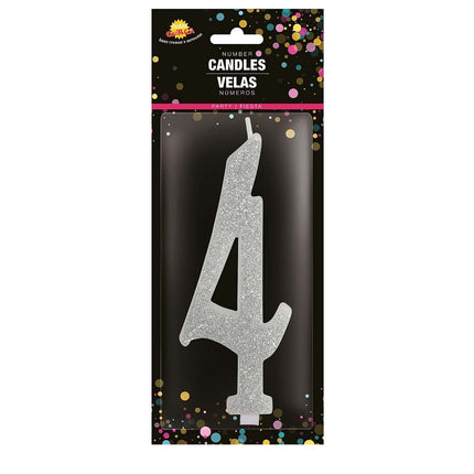 Bougie argentée 4 ans pailletée 12.5cm