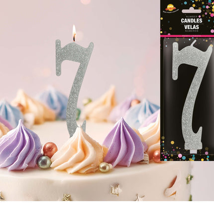 Bougie argentée 7 ans pailletée 12.5cm