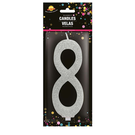 Bougie argentée 8 ans pailletée 12.5cm