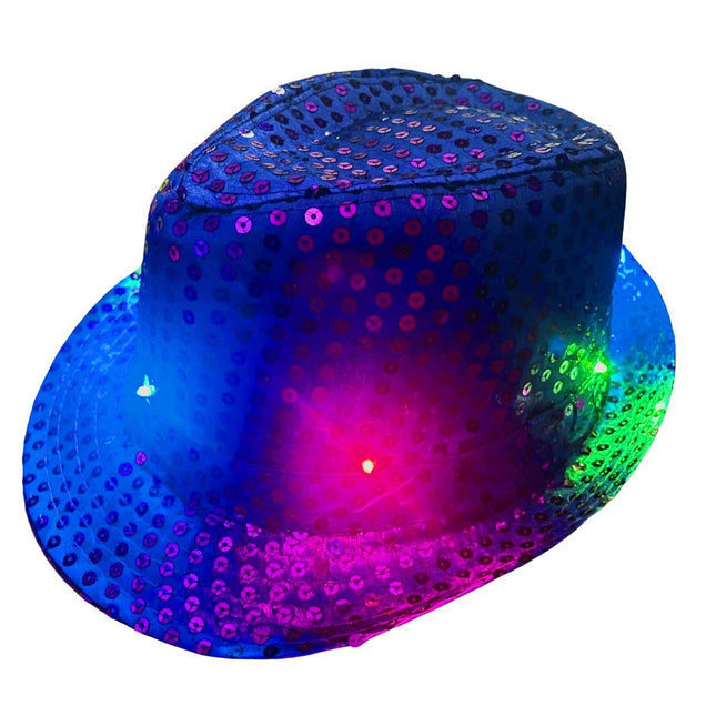 Chapeau à paillettes bleu avec lumière et piles incluses