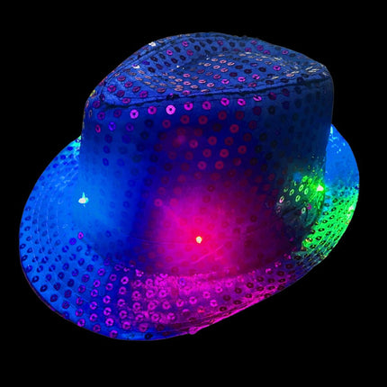 Chapeau à paillettes bleu avec lumière et piles incluses