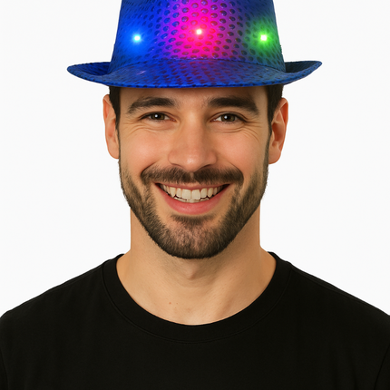 Chapeau à paillettes bleu avec lumière et piles incluses