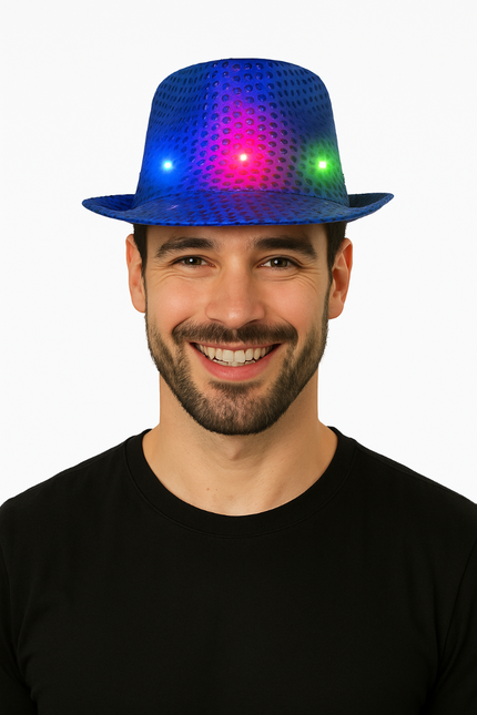 Chapeau à paillettes bleu avec lumière et piles incluses