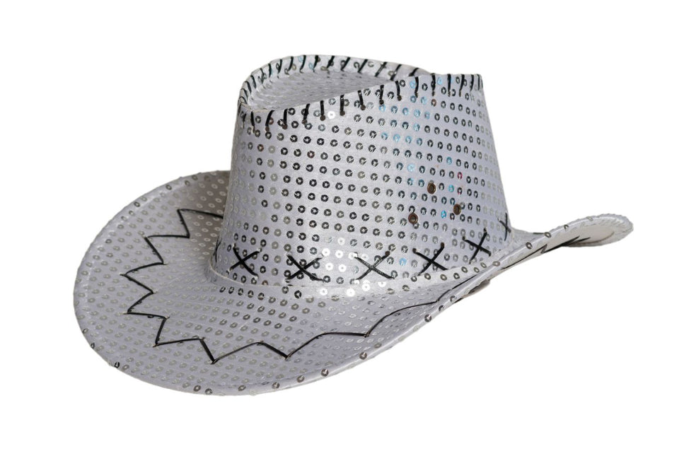 Chapeau de cow-boy paillettes argentées - paquet de 6